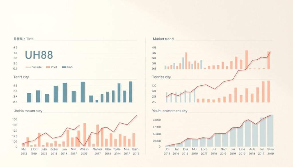 A detailed market trend analysis comparing the performance and positioning of UHO88 entertainment city and Youhu entertainment city. A comprehensive data visualization in a clean, minimalist style. Sleek, modern graphs and charts meticulously rendered against a subtly textured off-white background, illuminated by warm, diffused lighting that casts soft shadows. The layout is well-balanced, with clear data points and elegant data visualizations that highlight key insights and trends. An objective, analytical tone conveying the professionalism and authority of the subject matter.