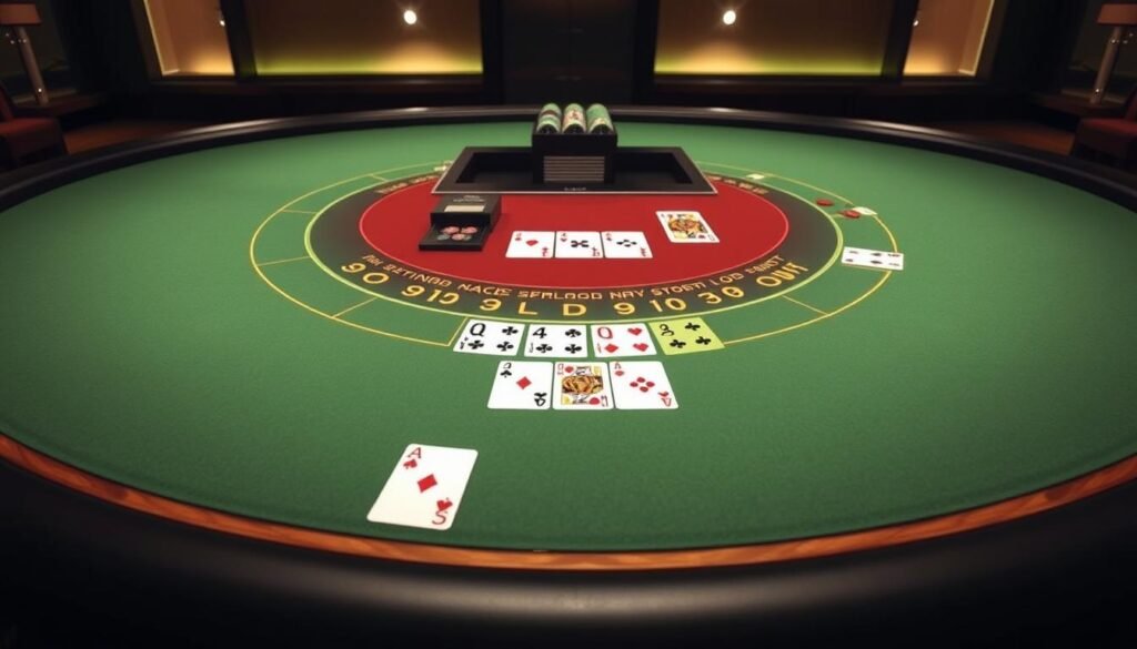 A detailed, high-resolution image of the key aspects of baccarat rules. Showcasing the baccarat table layout, the card values, and the core gameplay mechanics in a clean, elegant composition. Crisp, evenly distributed lighting illuminates the table and cards, creating a professional, instructional atmosphere. The perspective is slightly elevated, providing a clear overview of the table and gameplay elements. The color palette is muted and sophisticated, with a focus on the traditional baccarat colors of green, red, and gold. The mood is one of clarity and precision, reflecting the strategic nature of baccarat. A detailed, high-resolution image of the key aspects of baccarat rules. Showcasing the baccarat table layout, the card values, and the core gameplay mechanics in a clean, elegant composition. Crisp, evenly distributed lighting illuminates the table and cards, creating a professional, instructional atmosphere. The perspective is slightly elevated, providing a clear overview of the table and gameplay elements. The color palette is muted and sophisticated, with a focus on the traditional baccarat colors of green, red, and gold. The mood is one of clarity and precision, reflecting the strategic nature of baccarat.