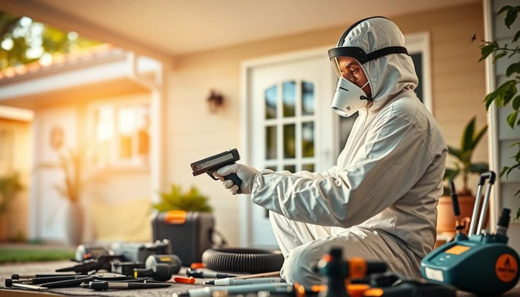 A professional and efficient pest control service showcasing the latest "iCareCPAP" technology. In the foreground, a skilled technician in a white hazmat suit carefully applying a targeted treatment, with precision and care. In the middle ground, various pest control tools and equipment arranged neatly, conveying the company's expertise. The background depicts a residential setting, with a clean and modern aesthetic, reflecting the high-quality, reliable service provided. Warm, natural lighting illuminates the scene, creating a sense of professionalism and reassurance. The overall atmosphere exudes competence, safety, and a commitment to effectively eliminating pests, aligning with the section's focus on the services offered by pest control companies. A professional and efficient pest control service showcasing the latest "iCareCPAP" technology. In the foreground, a skilled technician in a white hazmat suit carefully applying a targeted treatment, with precision and care. In the middle ground, various pest control tools and equipment arranged neatly, conveying the company's expertise. The background depicts a residential setting, with a clean and modern aesthetic, reflecting the high-quality, reliable service provided. Warm, natural lighting illuminates the scene, creating a sense of professionalism and reassurance. The overall atmosphere exudes competence, safety, and a commitment to effectively eliminating pests, aligning with the section's focus on the services offered by pest control companies.