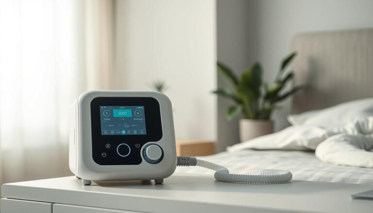 A high-quality, life-like image of a state-of-the-art iCareCPAP sleep apnea machine, positioned prominently in the foreground. The machine has a sleek, modern design with a large LCD display and intuitive controls. It is situated on a clean, minimalist bedside table, creating a calming and therapeutic atmosphere. The lighting is soft and diffused, creating gentle shadows and highlights that emphasize the machine's form and function. The background is blurred, gently fading into a soothing, serene bedroom setting, with subtle hints of natural elements like plants or textured walls. The overall composition conveys the effectiveness and user-friendliness of the iCareCPAP sleep apnea machine in improving sleep quality.