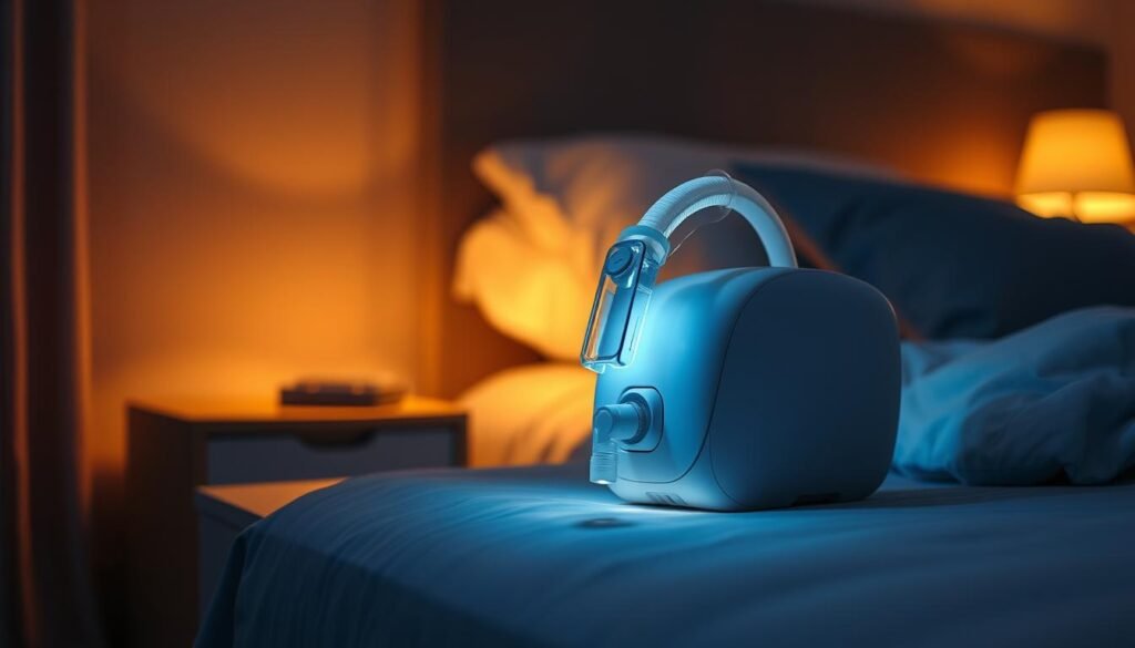 A well-designed and user-friendly iCareCPAP sleep apnea machine rests on a bedside table, emitting a soft glow. The device features a comfortable, customizable nasal mask and a sleek, minimalist aesthetic. The machine is positioned in a cozy, dimly lit bedroom, with warm lighting casting a gentle ambiance. The scene conveys a sense of ease and relaxation, inviting the viewer to imagine the device seamlessly integrating into a peaceful, restful sleep environment.