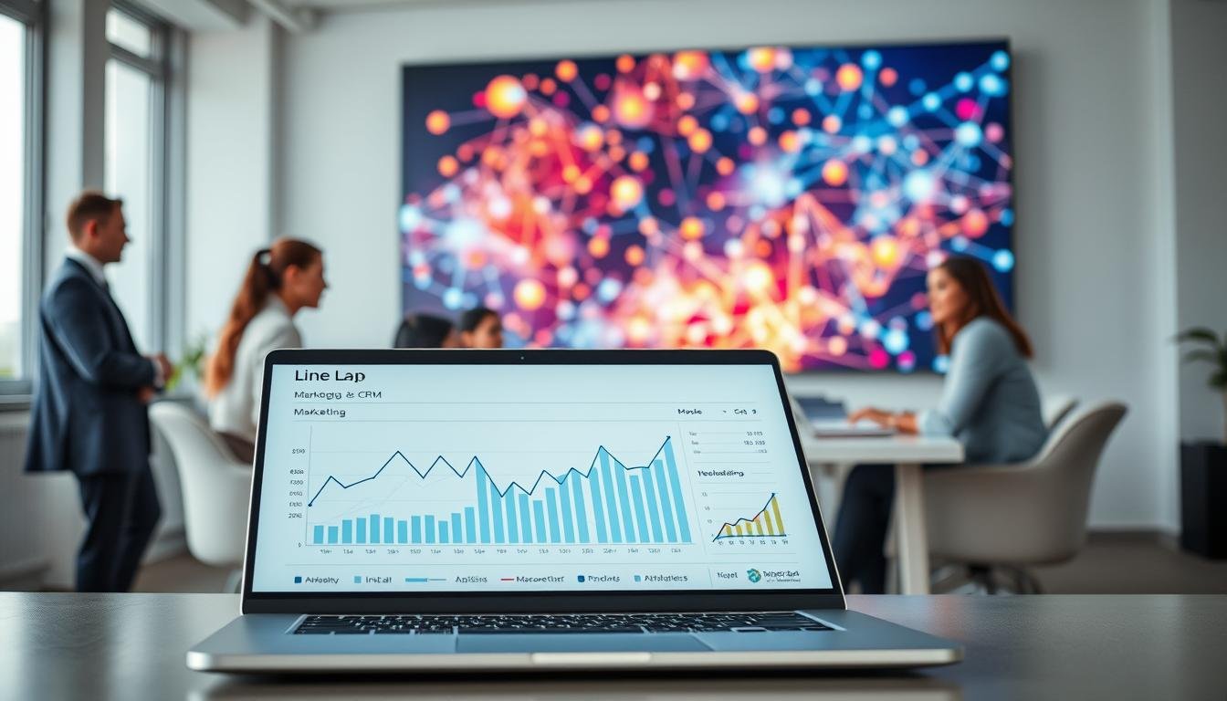 A modern, professional workspace setting showcasing a conceptual representation of the "line lap" advertising platform. In the foreground, a sleek laptop displays graphs and analytics related to marketing and CRM, highlighting integration with line lap and lap advertising. The middle layer features a diverse group of business professionals, dressed in smart business attire, engaged in discussion and collaboration around a table with digital devices. In the background, a large screen displays a vibrant, abstract visualization of digital marketing concepts, with colorful data points and network connections. Soft, natural lighting enhances the ambiance, creating an innovative and productive atmosphere. The image should be viewed from a slightly elevated angle to capture the depth and collaboration of the workspace, conveying a dynamic and forward-thinking mood.