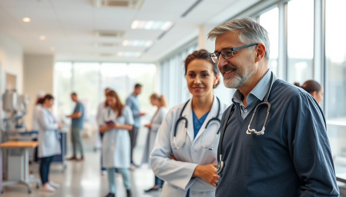 A modern day medical center interior, bustling with healthcare professionals and patients. In the foreground, a compassionate doctor in professional attire guides a patient through a consultation, exhibiting empathy. In the middle ground, a nurse organizes medical supplies, while other healthcare providers collaborate in discussion, showcasing a multi-disciplinary approach. The background features bright, well-lit examination rooms with medical equipment, emphasizing a clean, organized environment. Soft, natural lighting filters through large windows, creating a warm and inviting atmosphere. The overall mood reflects cooperation, care, and dedication to patient-centered service. The image should convey the functionality of a day medical center within an outpatient service framework, focusing on collaboration and interdisciplinary medical arrangements.