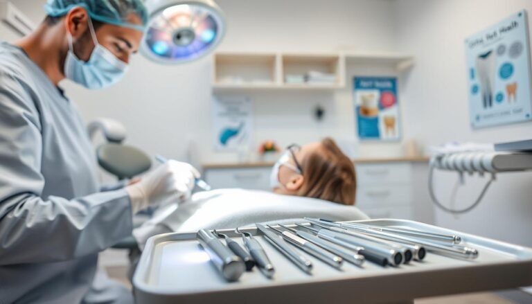 A dental professional in a clean, well-lit clinic, performing a root canal treatment. The foreground features the dentist focused and wearing a mask and gloves, gently working on a patient lying back in a dental chair, covered with a light blanket. The middle ground showcases dental tools neatly arranged on a tray, with a small light illuminating the treatment area for precision. In the background, shelves hold dental supplies and educational posters about oral health. The atmosphere is calm and professional, with soft, natural lighting enhancing the clean and sterile environment. The angle captures the intricate details of the procedure while emphasizing the importance of dental health.