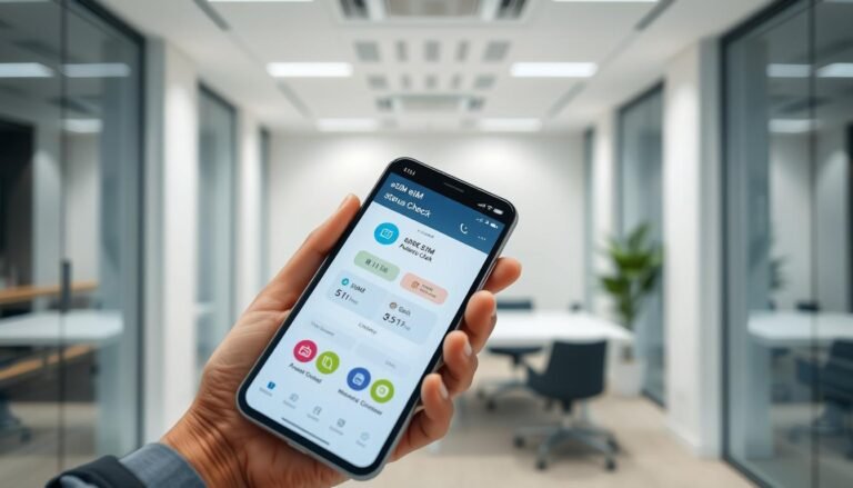 A modern smartphone displayed prominently in the foreground, with a user interface showcasing an eSIM status check screen, featuring clear, colorful icons and indicators. The background depicts a sleek, minimalist office environment with soft, diffused lighting creating a professional atmosphere. The smartphone is held by a person in smart casual clothing, their hands gently gripping the device, suggesting an active engagement with the technology. The camera angle is slightly angled downwards, focusing on the screen while blurring the background to highlight the eSIM details. The mood is informative and contemporary, capturing the essence of tech-savvy communication in a corporate setting.