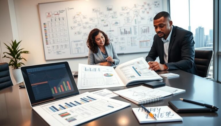 A professional workspace featuring a detailed commercial business plan and financial budget spread across a sleek, modern desk. In the foreground, an open laptop displays a visually appealing spreadsheet with interactive graphs. Nearby, a notepad is filled with handwritten notes and sketches. In the middle, a diverse group of three individuals in professional attire—two men and one woman—are engaged in a discussion over the documents, their expressions focused and collaborative. The background showcases a large whiteboard filled with mind maps and diagrams representing entrepreneurial strategies. Soft ambient lighting emphasizes a productive atmosphere, and a large window lets in natural light, revealing a city skyline outside. The overall mood is one of innovation, motivation, and clear direction.