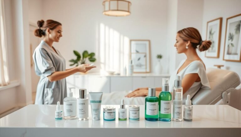 A serene beauty clinic interior bathed in soft, natural light. In the foreground, a female therapist in a professional outfit gently applies soothing lotion to the skin of a relaxed client, who is sitting comfortably on a treatment bed. The middle layer features a neatly organized array of skincare products placed on a sleek, modern counter, highlighting items like aloe vera gel and calming serums, essential for post-laser hair removal care. In the background, elegant décor with subtle green plants and minimalist art creates a tranquil atmosphere. The angle is a slight overhead shot, providing a warm, inviting mood, emphasizing the importance of skincare after a laser hair removal session.