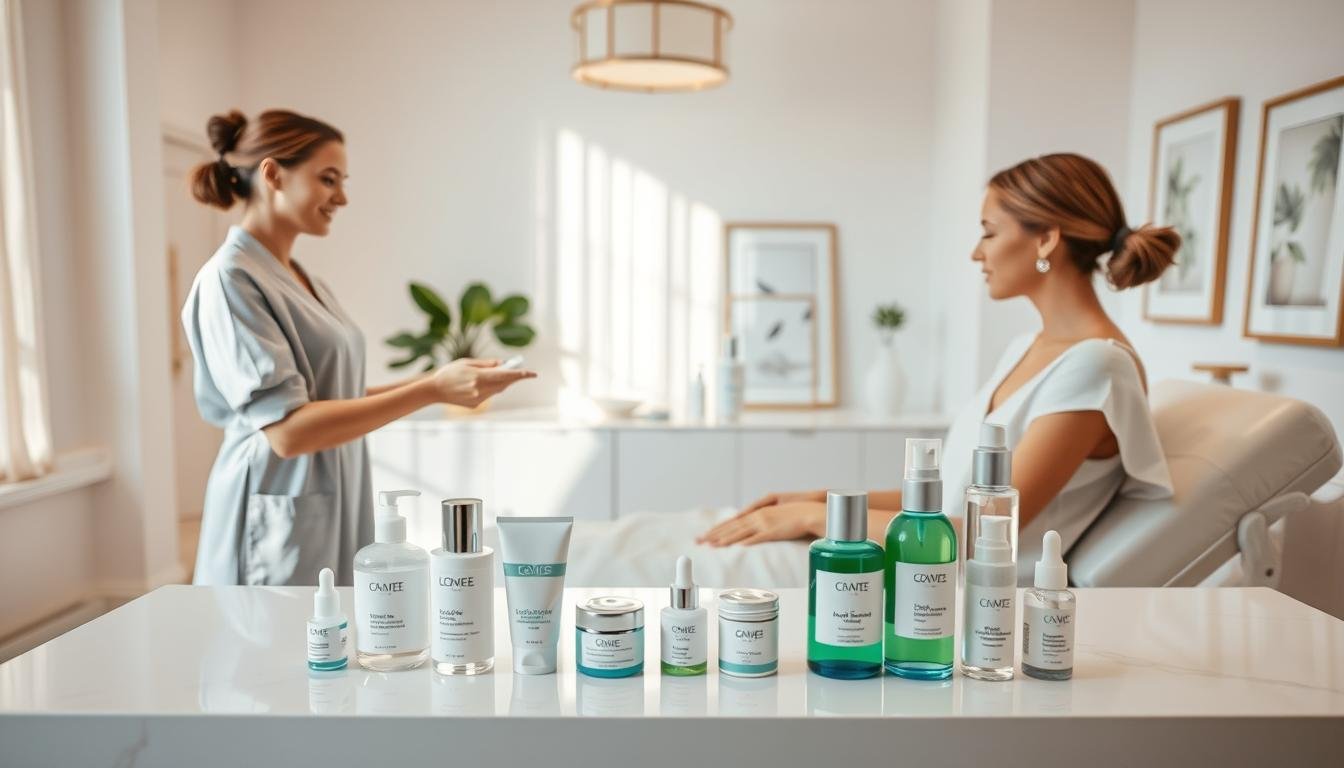 A serene beauty clinic interior bathed in soft, natural light. In the foreground, a female therapist in a professional outfit gently applies soothing lotion to the skin of a relaxed client, who is sitting comfortably on a treatment bed. The middle layer features a neatly organized array of skincare products placed on a sleek, modern counter, highlighting items like aloe vera gel and calming serums, essential for post-laser hair removal care. In the background, elegant décor with subtle green plants and minimalist art creates a tranquil atmosphere. The angle is a slight overhead shot, providing a warm, inviting mood, emphasizing the importance of skincare after a laser hair removal session.