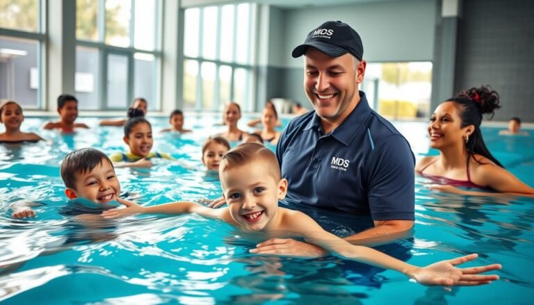 A vibrant swimming lesson scene at a modern indoor pool, featuring a diverse group of families engaging in a parent-child swimming class. In the foreground, a professional instructor, wearing a branded polo shirt and swim cap, demonstrates stroke techniques with a child in the water, both smiling and engaged. The middle ground shows other families practicing various swimming techniques, with children splashing and laughing joyfully, all wearing modest swim attire. The background reveals large windows allowing natural light to flood in, illuminating the azure water and enhancing the welcoming atmosphere. The mood is lively and encouraging, focusing on the enjoyment of learning to swim together. The image portrays camaraderie and excitement in a safe, structured environment.