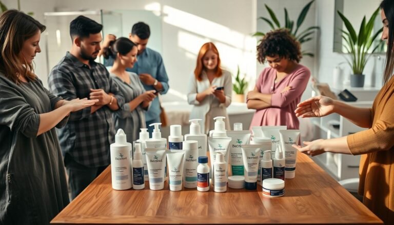 A detailed instructional setting showcasing the correct use of eczema relief skincare products. In the foreground, a diverse group of individuals in modest, casual clothing is applying cream to their forearms and hands, demonstrating the application method. In the middle ground, an array of well-branded eczema skincare products is neatly organized on a wooden table, highlighting their textures and packaging. Soft, natural lighting conveys an inviting atmosphere, enhancing the warm tones of the products. The background features a calm and soothing bathroom environment, with soft colors and plants to evoke a sense of tranquility. The overall mood is informative and reassuring, focusing on effective and safe skincare practices.
