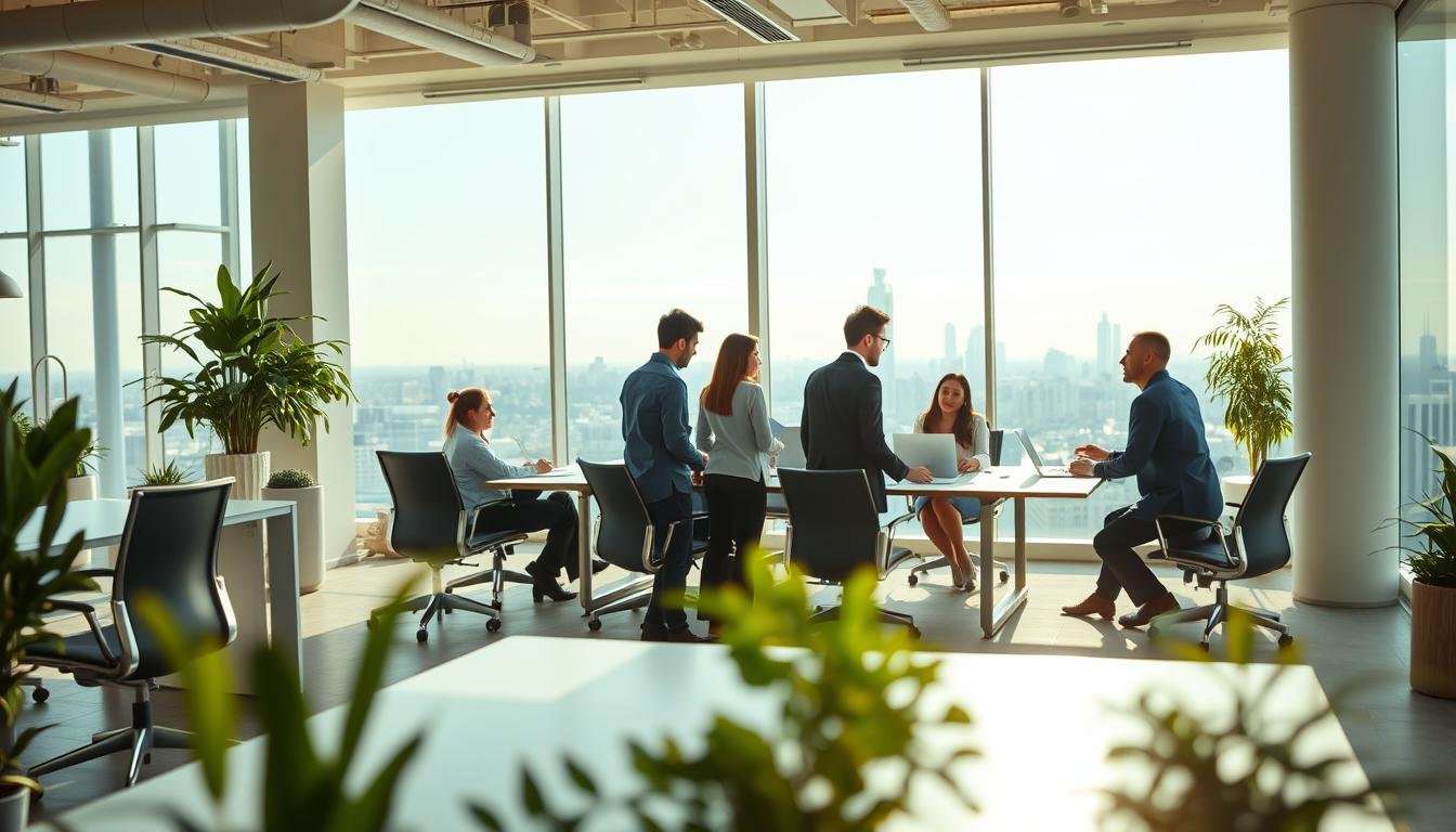 A modern office space designed for startups, showcasing flexibility and cost-effectiveness. In the foreground, depict a stylishly furnished workspace with a sleek desk, ergonomic chairs, and greenery. In the middle, show a diverse group of professionals in business attire collaborating around a large conference table, engaged in discussion over documents and laptops. The background features large windows offering a panoramic city view, with bright natural light flooding the room. The atmosphere is one of innovation and productivity, emphasizing a dynamic work environment. Use bright, natural lighting to enhance the openness of the space, and employ a wide-angle lens to capture the depth of the office layout and the engaged faces of the professionals.