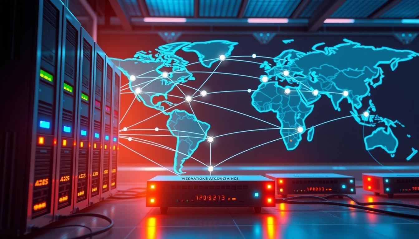 A detailed illustration of a network optimization technology diagram for a gaming platform, focusing on minimizing latency in international connections. In the foreground, sleek servers and routers with glowing LED indicators symbolize advanced technology. The middle layer features interconnected lines and nodes representing a global network, with arrows illustrating data flow between continents. In the background, a stylized world map with highlighted regions shows server locations. The scene is well-lit with a cool color palette, emphasizing a high-tech atmosphere. The angle is slightly elevated, offering a comprehensive view of the network's layout. Overall, the image conveys a sense of innovation and efficiency in digital connectivity.