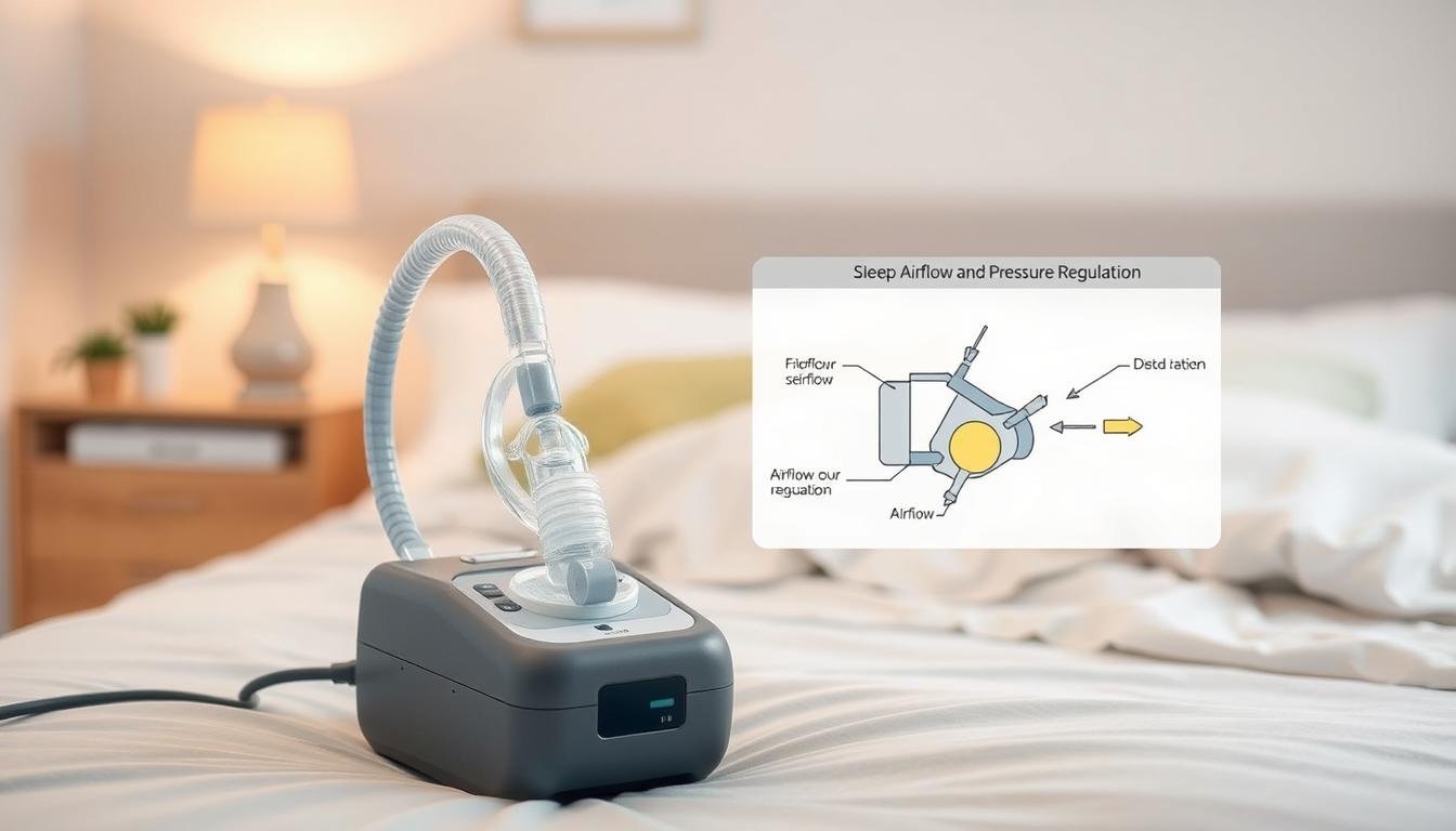 A detailed illustration of a sleep apnea machine's working principle, showcasing its components in a clear and educational manner. In the foreground, display the machine itself with labeled parts such as the airflow generator, mask, and tubing. In the middle ground, represent a diagram of airflow and pressure regulation, highlighting the airflow path from the machine to the mask. The background should subtly include a cozy bedroom environment to set the context, with soft lighting to create a calm and professional atmosphere. Use an angle that captures both the machine and the diagram clearly, emphasizing clarity and technical accuracy without any text or labels outside of the illustration.