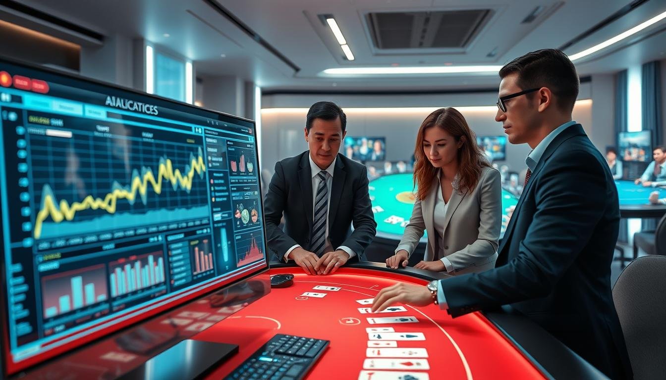 A high-tech scene illustrating the advanced anti-cheating technology of "3A" in an online casino setup. In the foreground, a sleek computer interface displays real-time data analytics, with graphs and visual representations of player activity. The middle ground features a group of professional individuals, dressed in business attire, analyzing this data, their expressions focused and engaged. In the background, a virtual gaming table glows with vibrant colors, displaying various card games and digital avatars of players. Soft, ambient lighting highlights the futuristic atmosphere, creating a sense of innovation and security. The angle captures the depth of the room, emphasizing the cutting-edge technology and the strategic collaboration of the team at "3A".