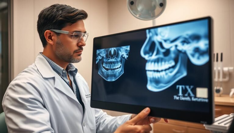 A professional dentist in a modern dental office carefully examines an X-ray of a patient's mouth, highlighting the wisdom teeth. In the foreground, a detailed close-up of the X-ray shows the position of the wisdom teeth and their relationship to the jaw and nerves. The dentist, dressed in a white coat, wears protective eyewear and looks thoughtfully at the screen. In the middle ground, dental tools and equipment are organized neatly on a nearby countertop, emphasizing a clean and hygienic environment. The background features soothing colors and soft lighting, creating a calm and reassuring atmosphere. The focus is on the dentist's expression of concern for patient health, conveying the importance of understanding the facts about wisdom teeth removal and its implications for overall health.