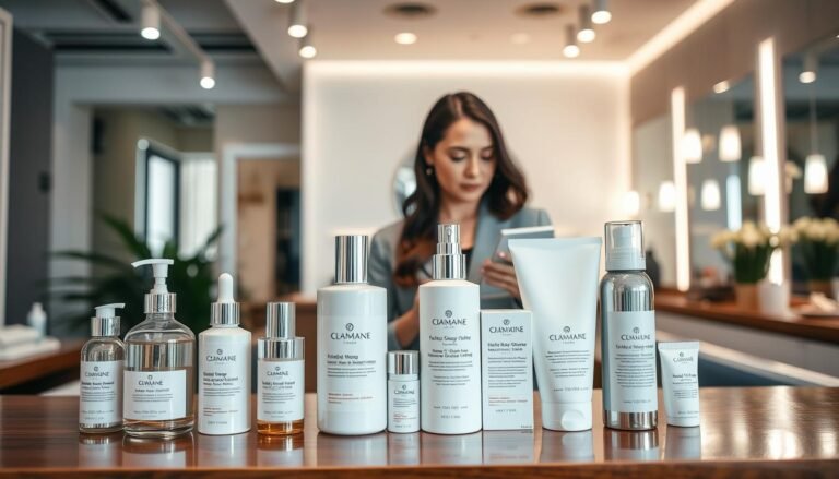 A serene and well-lit beauty salon setting focusing on skincare products suitable for post-laser hair removal. In the foreground, a selection of elegant skincare products is neatly arranged on a polished wooden countertop, emphasizing calming labels and ingredients to avoid, such as alcohol and fragrances. The middle area features a professional-looking woman in a modest, stylish outfit, carefully examining the labels of a couple of these products, conveying a sense of thoughtful decision-making. The background showcases soft, ambient lighting from overhead fixtures, creating a welcoming atmosphere, with hints of greenery and decorative elements that evoke relaxation. The overall mood is calm and professional, reinforcing essential skincare choices for women after laser hair removal treatments.