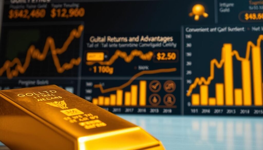 A close-up view of a golden bullion bar, prominently placed in the foreground, with sleek graphs and charts illustrating potential returns and advantages of gold ETFs in the background. The middle layer showcases a stylized chart displaying the exchange rates for 1 tael of gold in Taiwanese dollars, interspersed with icons representing convenience and liquidity. The lighting is warm and inviting, highlighting the lustrous finish of the gold and casting soft shadows, creating a professional yet approachable atmosphere. The composition should focus on clarity and elegance, capturing the essence of financial growth and stability conveyed through gold investments, without any human figures or text.
