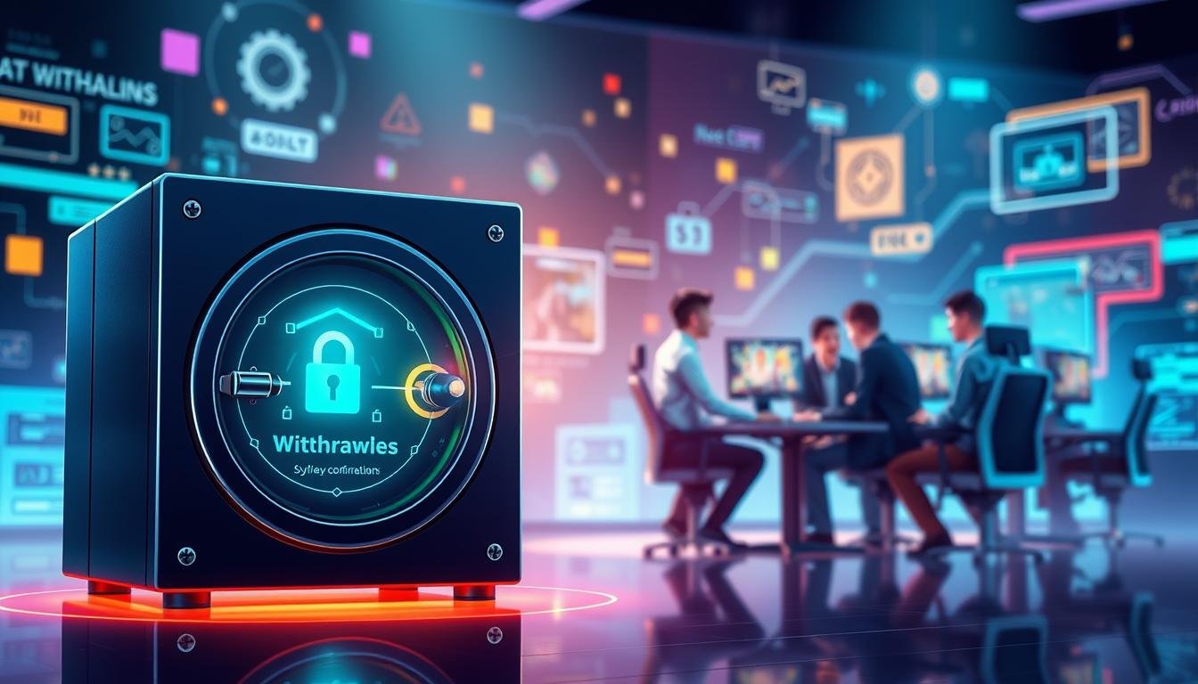 A digital illustration showcasing the concept of "3A withdrawal safety" in an online gaming environment. In the foreground, depict a secure vault with a glowing digital interface displaying transaction confirmations and security symbols, symbolizing reliability and trust. In the middle ground, feature a group of professional gamers, dressed in business casual attire, discussing strategies around a high-tech gaming setup. The background should include abstract representations of online platforms and cash flow, infused with vibrant colors to convey energy and excitement. Soft, focused lighting highlights the key elements, while a slight bokeh effect adds depth to the scene. The mood should be one of assurance and confidence, reflecting the importance of withdrawal stability for players.