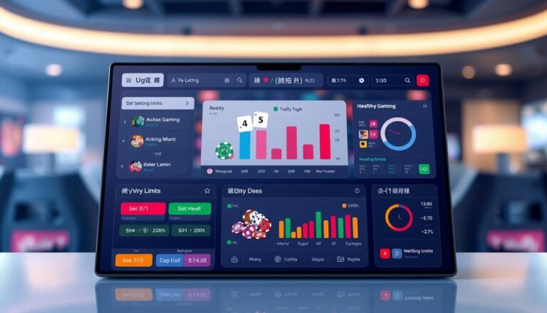 A modern, sleek online gaming user interface for "UG娛樂城 會員中心功能," showcasing a digital dashboard filled with vibrant icons and graphs indicating betting limits, user statistics, and responsible gaming tools. The foreground includes a user-friendly layout with buttons for setting daily wagering limits, displayed in an engaging, colorful design. In the middle, a subtle display of animated charts emphasizes healthy gaming practices, surrounded by visual representations of gaming options, such as poker chips and dice. The background features a blurred, stylish virtual lounge atmosphere with soft, cool lighting that conveys a sense of safety and professionalism. Ensure a clean, polished aesthetic with no text or distractions, focusing on the functionality of the member center. The overall mood should be inviting, friendly, and supportive of responsible gaming.