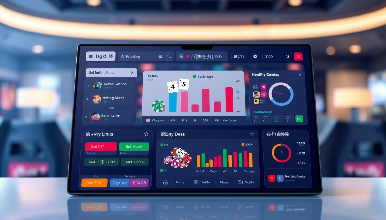 A modern, sleek online gaming user interface for "UG娛樂城 會員中心功能," showcasing a digital dashboard filled with vibrant icons and graphs indicating betting limits, user statistics, and responsible gaming tools. The foreground includes a user-friendly layout with buttons for setting daily wagering limits, displayed in an engaging, colorful design. In the middle, a subtle display of animated charts emphasizes healthy gaming practices, surrounded by visual representations of gaming options, such as poker chips and dice. The background features a blurred, stylish virtual lounge atmosphere with soft, cool lighting that conveys a sense of safety and professionalism. Ensure a clean, polished aesthetic with no text or distractions, focusing on the functionality of the member center. The overall mood should be inviting, friendly, and supportive of responsible gaming.
