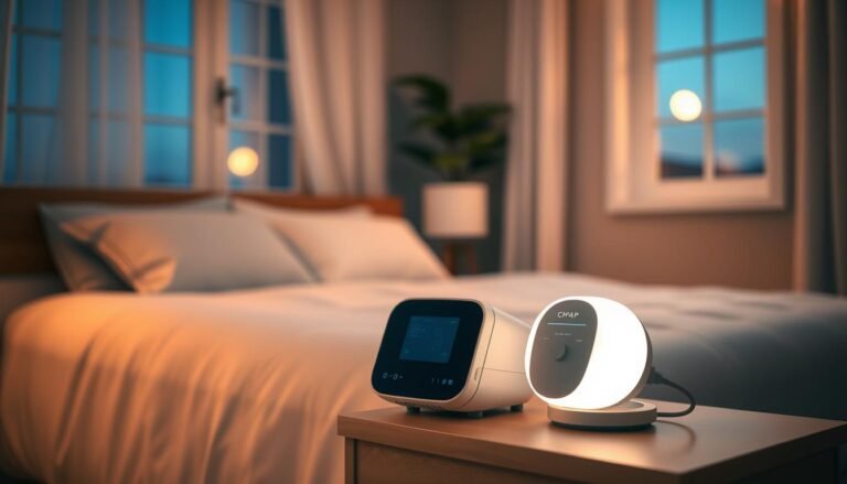 A serene bedroom environment showcasing a sleep therapy machine on a bedside table. In the foreground, a sleek, modern CPAP device is displayed, its gentle glow illuminating the space. The middle ground features a neatly made bed with soft, calming shades of blue and white, inviting relaxation. In the background, a window softly lit by moonlight reveals a tranquil night scene outside, enhancing the peaceful atmosphere. Warm, diffused lighting fills the room, creating a cozy and restful ambiance. The mood is calming and restorative, emphasizing the importance of quality sleep. No people are present, ensuring focus on the sleep machine and the serene environment it promotes.