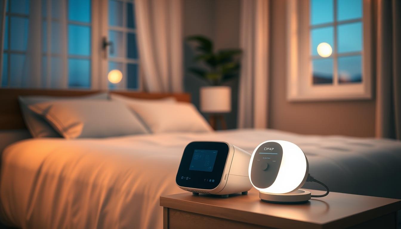 A serene bedroom environment showcasing a sleep therapy machine on a bedside table. In the foreground, a sleek, modern CPAP device is displayed, its gentle glow illuminating the space. The middle ground features a neatly made bed with soft, calming shades of blue and white, inviting relaxation. In the background, a window softly lit by moonlight reveals a tranquil night scene outside, enhancing the peaceful atmosphere. Warm, diffused lighting fills the room, creating a cozy and restful ambiance. The mood is calming and restorative, emphasizing the importance of quality sleep. No people are present, ensuring focus on the sleep machine and the serene environment it promotes.