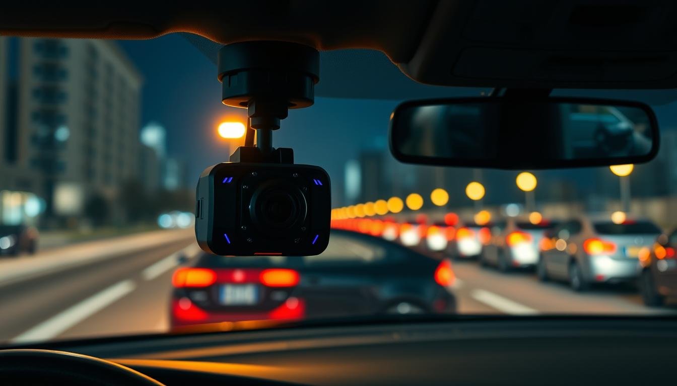 A sleek and modern car dashboard featuring a high-tech dashcam prominently mounted on the windshield, displaying its advanced design and features. The dashcam should be equipped with visible microwave radar sensors, showcasing its capability for parking surveillance. In the foreground, include a close-up of the dashcam, highlighting its LED indicators and lens. The middle ground should show a nighttime cityscape through the windshield, with the glow of streetlights reflecting off the car's interior for a warm atmosphere. In the background, blurred silhouettes of adjacent parked cars create a sense of security. Illuminate the scene with soft, ambient lighting to evoke a safe yet vigilant mood, capturing the essence of advanced vehicle safety technology.