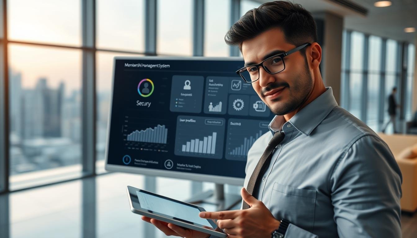 A sleek and modern digital membership management system interface displayed on a high-resolution computer screen. In the foreground, a confident business professional in formal attire interacts with the system using a tablet, showcasing detailed graphs and user statistics. The middle layer includes floating digital icons representing security, user profiles, and data analytics, all visually interconnected. The background features a spacious, well-lit office environment with large windows revealing a city skyline, conveying an atmosphere of professionalism and technological advancement. Soft lighting highlights the screen, emphasizing the digital features and creating a sense of innovation and security.