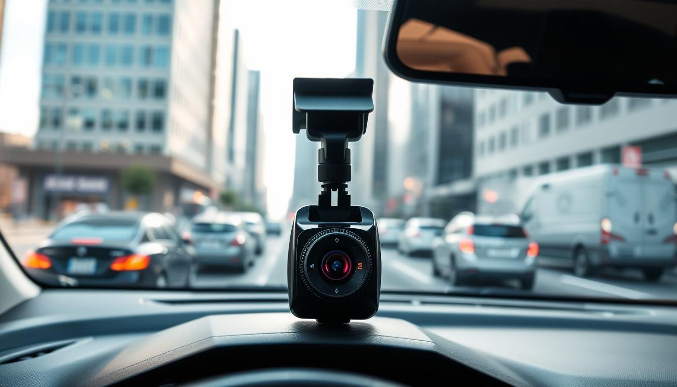 A sleek, modern car dashboard featuring a high-tech automotive dashcam prominently displayed in the foreground, showcasing its lens and LED indicators. The device visibly records, with a glowing red light that suggests active recording. In the middle ground, the windshield captures a clear view of an urban street scene, with bustling traffic and tall buildings in soft focus, highlighting the dashcam's effectiveness in monitoring surroundings. The background should be slightly blurred to emphasize the dashcam while maintaining context. Natural daylight filters through the windshield, creating a bright, professional atmosphere that conveys reliability and technological innovation. The overall mood is informative and engaging, ideal for illustrating the features of a featured dashcam.