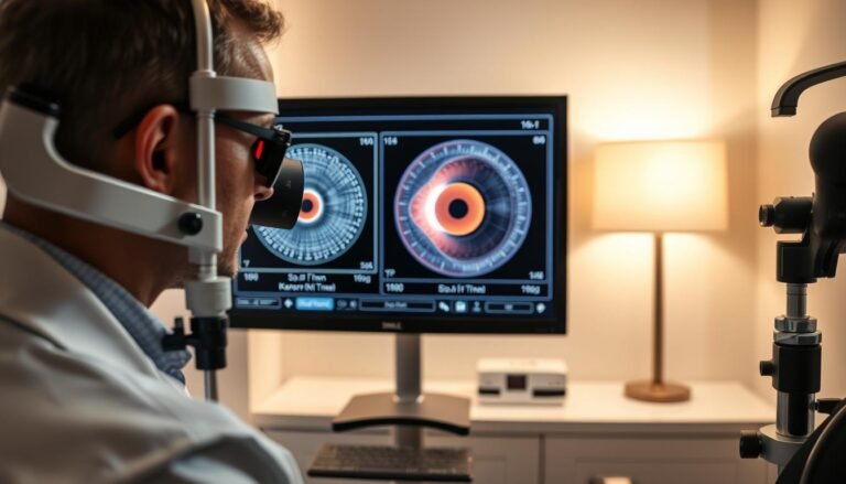 A sophisticated medical setting showcasing an eye examination for SMILE (Small Incision Lenticule Extraction) refractive surgery. In the foreground, a focused optometrist in a white coat is shown using advanced diagnostic equipment, measuring corneal thickness with a state-of-the-art pachymeter. In the middle, a monitor displays a detailed corneal topography map with varying thickness readings, illustrating important indicators for suitability for the procedure. The background presents an elegant, well-lit clinic environment, with soft, warm lighting creating a calm atmosphere. The overall mood is professional and informative, emphasizing the significance of corneal thickness in refractive surgery while ensuring no text or distractions in the image.