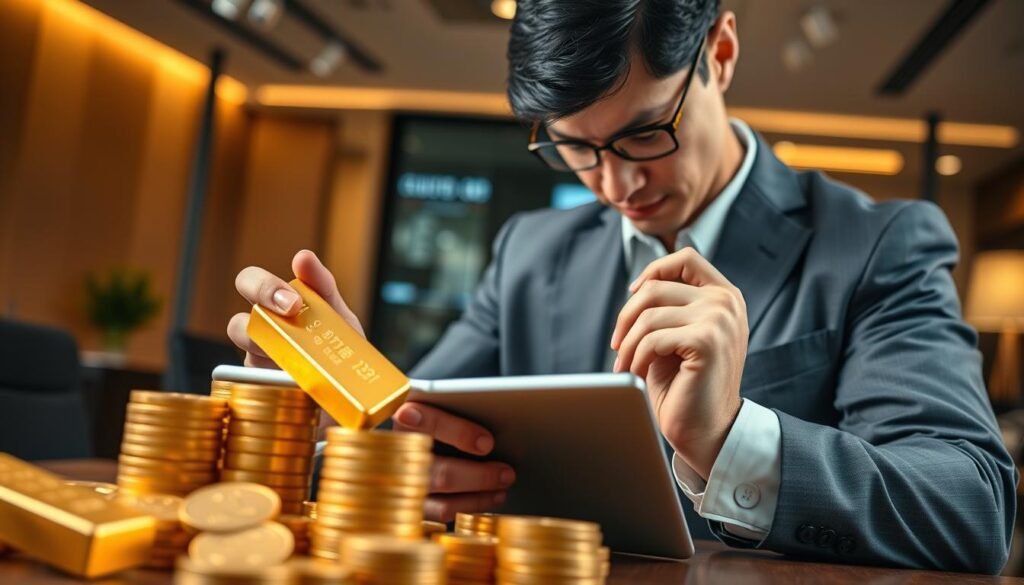 A visually striking illustration of a person challenging the market price of gold in Taiwan, depicting a close-up view of both traditional gold bars and a digital display showing the current conversion of one tael of gold to New Taiwan Dollars. The foreground features a well-dressed financial expert, analyzing the numbers on a tablet while holding a gold bar in the other hand. In the middle ground, elegantly arranged gold coins and bars symbolize wealth. The background includes a modern office setting with warm lighting, emphasizing a thoughtful yet determined atmosphere. The lens is set to a slight depth of field, blurring the office background to keep the focus on the expert’s contemplative expression. The mood conveys both professionalism and the challenge of navigating gold investments.