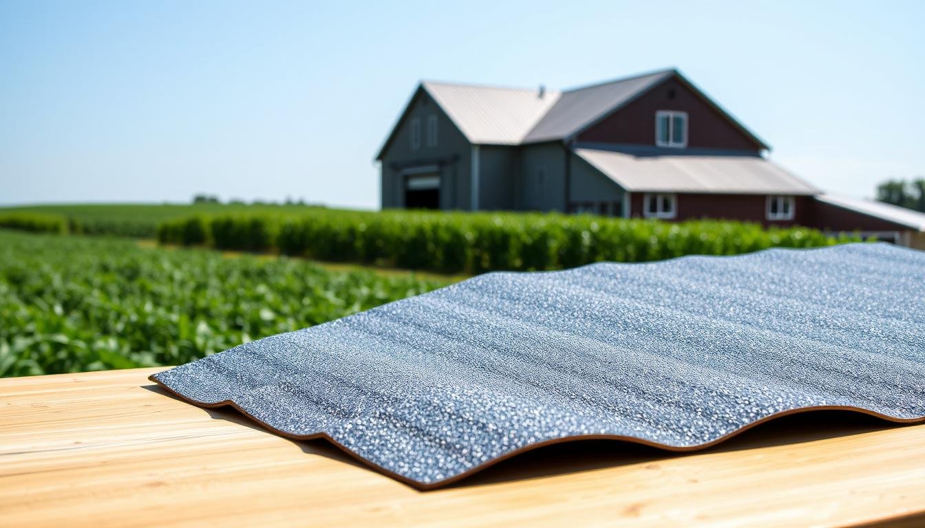 A collection of flat roofing sheets by VULCAN Plastics, artfully displayed in a well-lit agricultural environment. In the foreground, focus on the textured surface of the sheets, highlighting their durability and flexibility with subtle reflections of natural sunlight. The middle ground showcases a gently sloped barn roof made of these sheets, seamlessly integrating with the rustic architecture. In the background, fields of vibrant green crops stretch toward a clear blue sky, conveying a sense of agricultural stability and growth. Use soft, natural lighting to evoke a calm, professional atmosphere, with a slight depth of field to emphasize the roofing sheets while providing context with the farm setting. Capture the image from a low angle to enhance the prominence of the roofing, showcasing its practical applications in farm building contexts.