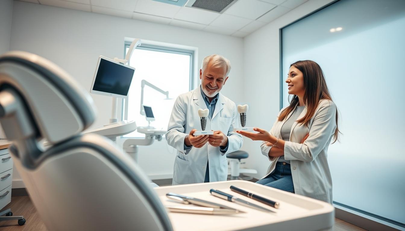 A modern dental clinic interior focused on the concept of "immediate dental implants." In the foreground, a sleek dental chair with tools neatly arranged on a tray, emphasizing precision and readiness. In the middle, a dental professional dressed in a white coat and professional attire, examining a 3D model of a dental implant alongside a patient, who looks engaged and curious. The background features bright, clean clinic walls with advanced dental equipment and a large window allowing natural light to flood the space, creating a fresh and welcoming atmosphere. The lighting is soft yet bright, highlighting the professionalism of the environment, and the angle captures both the dental professional’s expertise and the patient’s interest in the technology.