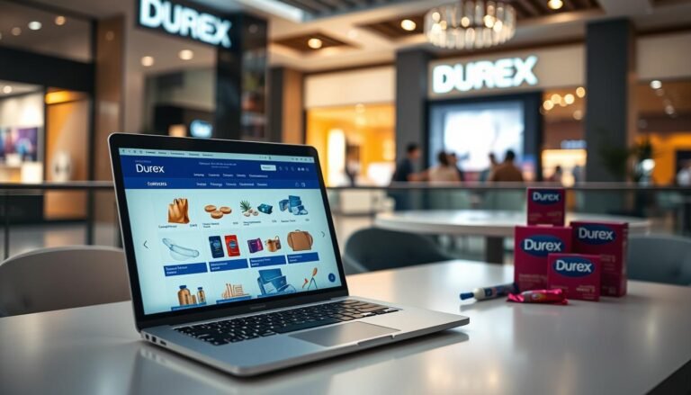 A modern, well-lit online shopping interface showcasing Durex products. In the foreground, a sleek laptop open to a vibrant e-commerce site displaying a variety of Durex items, neatly arranged and labeled, symbolizing safe purchasing options. In the middle ground, a table featuring additional Durex products, like condoms and lubricants, with a warm ambiance. The background features elements suggesting the ambiance of a mall, such as stylish store displays and ambient lighting. The scene is bright and inviting, evoking a sense of trust and professionalism. The image should capture a workspace feel, suitable for a professional article about safe online shopping, without any people present. Focus on a clean composition that emphasizes safety and compliance in e-commerce.