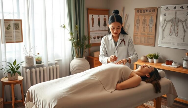 A serene and inviting acupuncture clinic setting, featuring a calm and composed female practitioner in professional attire, administering acupuncture treatment to a woman lying comfortably on a treatment table. The room is softly lit with natural light filtering through sheer curtains, creating a warm and soothing atmosphere. In the background, traditional Chinese medicine elements are visible, such as herbal remedies, charts of acupuncture points, and calming decorations like bamboo and plants. The focus is on the connection between the practitioner and the patient, conveying trust and healing. The overall ambiance reflects a holistic approach to women's health, emphasizing comfort and professionalism in addressing menstrual pain and endometriosis through traditional Chinese medicine and acupuncture techniques.
