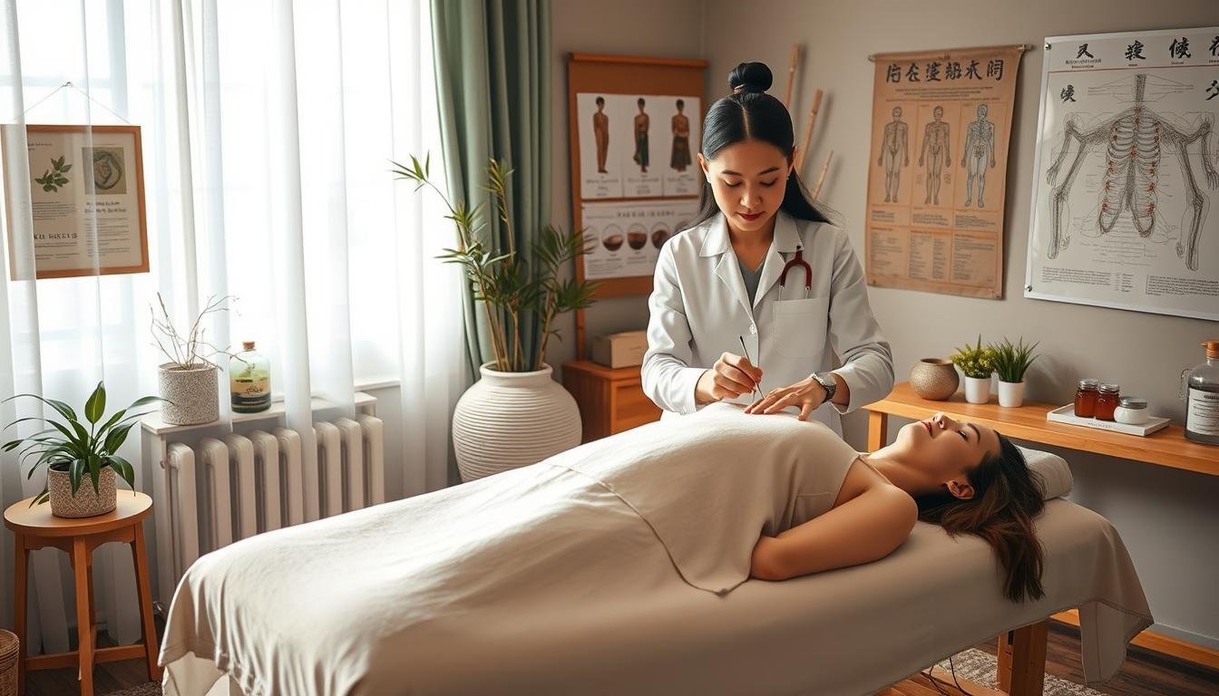 A serene and inviting acupuncture clinic setting, featuring a calm and composed female practitioner in professional attire, administering acupuncture treatment to a woman lying comfortably on a treatment table. The room is softly lit with natural light filtering through sheer curtains, creating a warm and soothing atmosphere. In the background, traditional Chinese medicine elements are visible, such as herbal remedies, charts of acupuncture points, and calming decorations like bamboo and plants. The focus is on the connection between the practitioner and the patient, conveying trust and healing. The overall ambiance reflects a holistic approach to women's health, emphasizing comfort and professionalism in addressing menstrual pain and endometriosis through traditional Chinese medicine and acupuncture techniques.