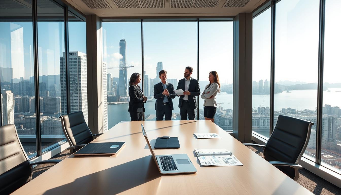 A modern office space in Wanchai showcasing its practical area and leasing conditions, emphasizing large windows with a stunning view of Victoria Harbour in the background. The foreground features a sleek, well-furnished office desk with a laptop and business papers, symbolizing productivity. In the middle, there are professional individuals dressed in business attire discussing leasing terms, reflecting collaboration and business decisions. The lighting is bright and inviting, simulating daylight filtering through the windows, casting soft shadows across the room. The scene conveys a sense of professionalism and opportunity, highlighting the impact of office space on business environments. Focused composition with a wide-angle perspective to capture both the interior and the breathtaking harbor view outside.