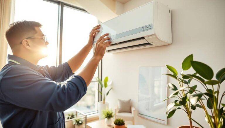 A professional technician is installing a split-type air conditioning unit in a stylish Hong Kong apartment. In the foreground, the technician, dressed in a blue uniform and safety glasses, carefully mounts the indoor unit on a wall. The middle ground features the living space, showcasing modern decor with ample natural light streaming through large windows, plants, and contemporary furniture. In the background, the view displays a glimpse of Hong Kong's skyline, emphasizing the urban environment. The atmosphere is focused and efficient, highlighting the importance of proper air conditioning installation based on room size. The lighting is bright yet soft, creating a welcoming environment suited for home comfort. The angle is a dynamic perspective from slightly below eye level, showcasing the technician's expertise and the features of the air conditioning unit.
