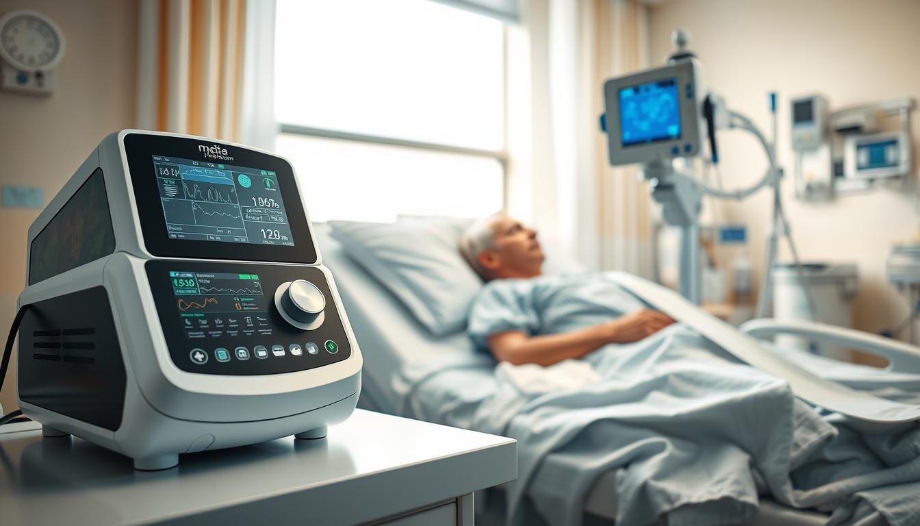 A medical setting featuring a sleek, modern sleep apnea machine and a high-tech ventilator, both placed on a bedside table in a well-lit hospital room. In the foreground, the machines should be prominently displayed, showcasing their screens with monitoring data. In the middle ground, a patient in a hospital gown rests comfortably, connected to the devices with tubes, appearing calm and reassured. The background reveals a hospital environment with soft, diffused lighting, a window letting in natural light, and medical equipment neatly arranged. The overall atmosphere conveys hope and recovery, focusing on the supportive role of technology in lung transplant rehabilitation, with a color palette of soothing blues and greens.